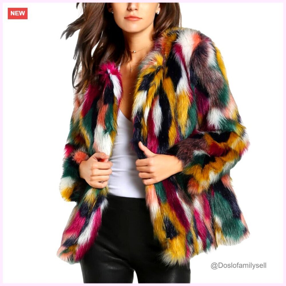 Faux Fur Coat Women Winter Fluffy Jacket Open Front Mid-Length